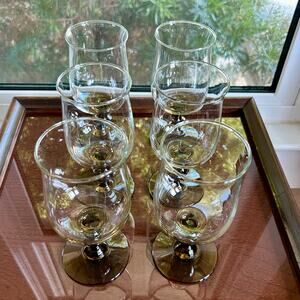 Set of 6 Libbey Stemmed Tulip Glasses Smoky Base 6.5” Vintage Goblets